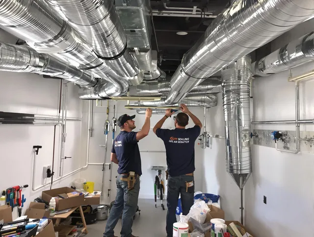 Raynham Air Duct Cleaning technician applying professional duct sealing solutions in Raynham