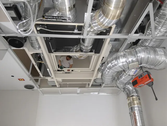 Raynham Air Duct Cleaning technician performing detailed central duct system cleaning in Raynham