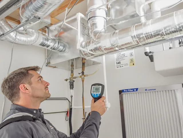 Raynham Air Duct Cleaning expert conducting detailed filter system inspection using diagnostic tools in Raynham