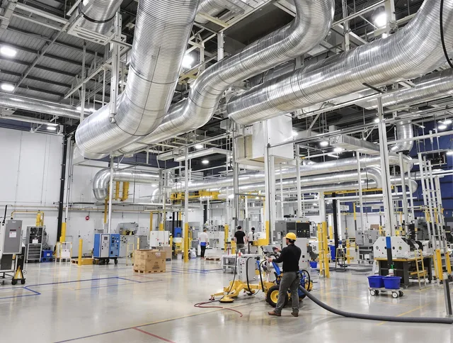 Raynham Air Duct Cleaning team performing comprehensive industrial duct cleaning at a large facility in Raynham